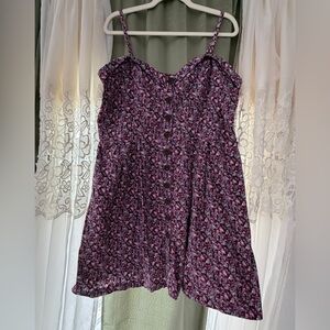 Purple Floral Sundress Ruched Back Size L/XL Cottage Peasant Lightweight Spring